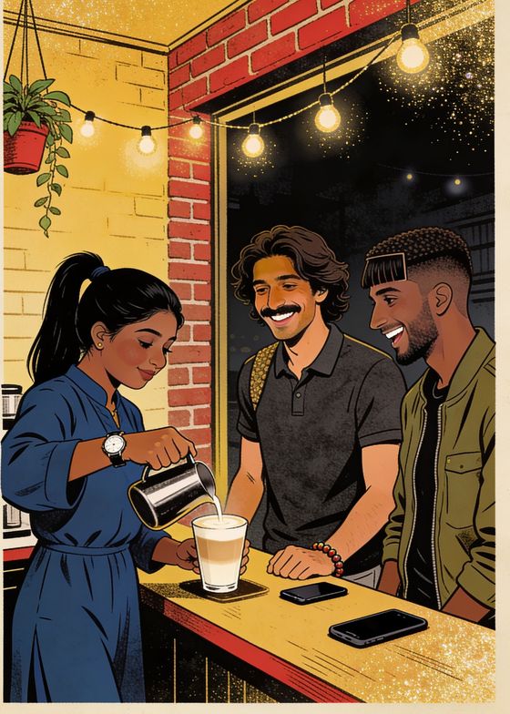 A CRAYVO invite card: an illustration of friends at a cafe counter