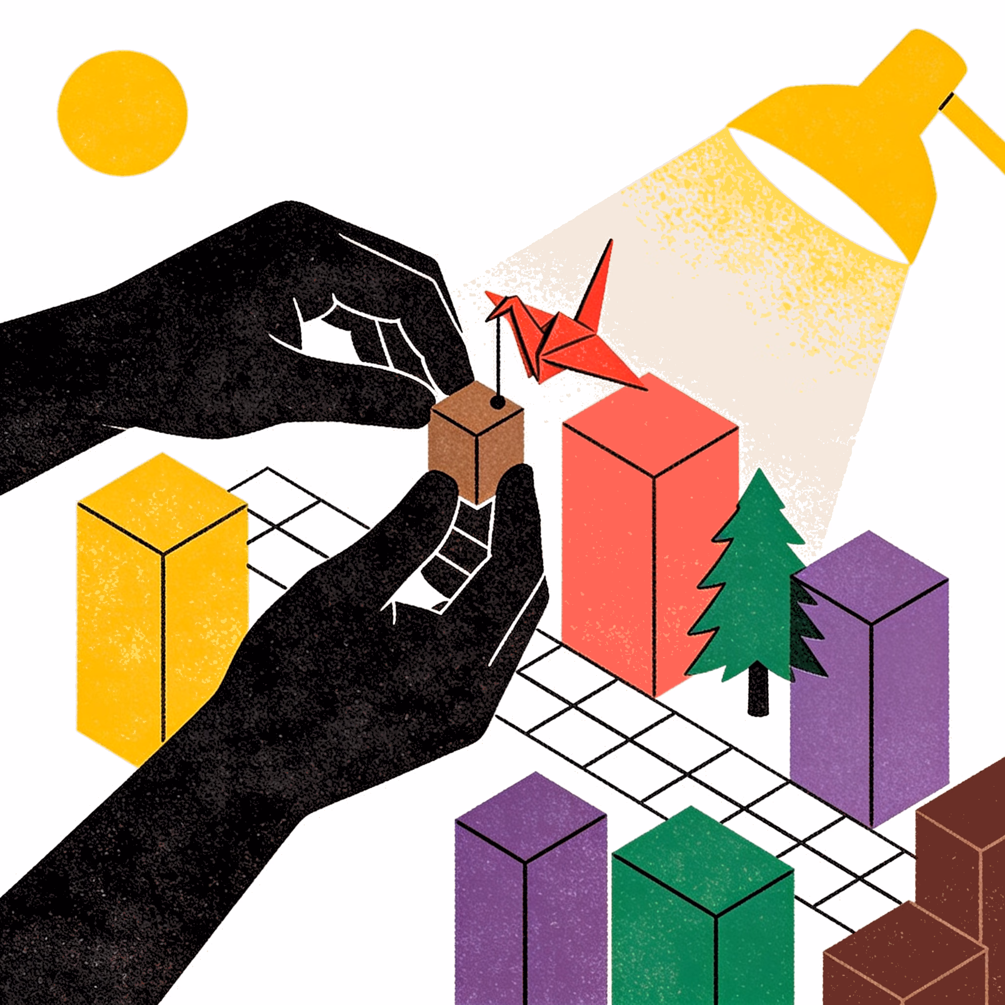 Risograph print of hands building a small paper city